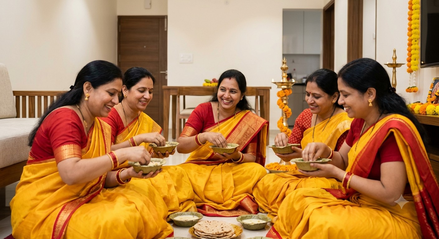 Devotees partaking in Kharna Prasad Sathi Rice