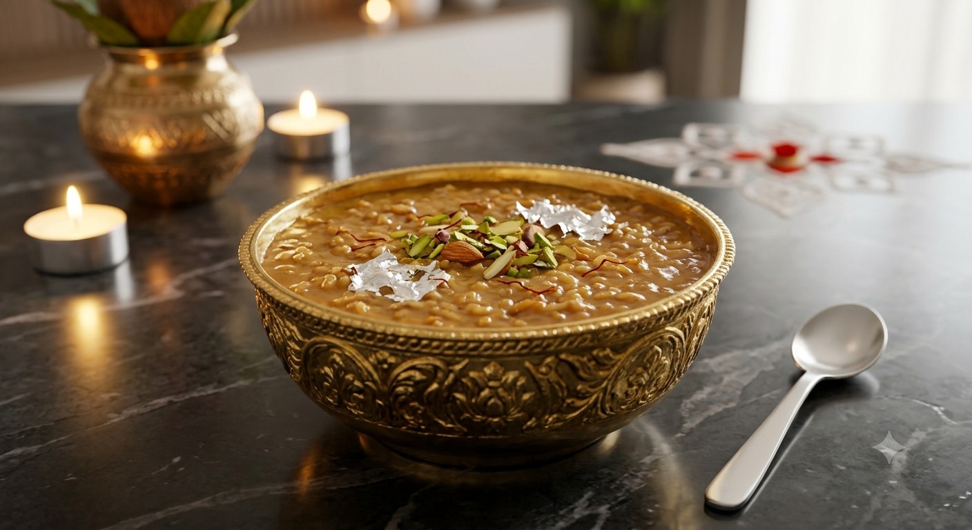 Kharna Rasiya Gur ki Kheer in Gold Plated Bowl